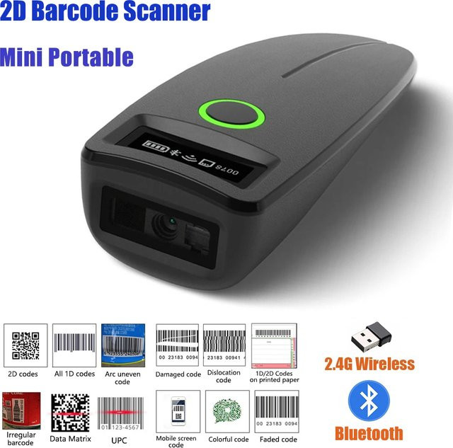 SYCREADER W7 Mini Wireless Bluetooth 2D Barcode Scanner, Tragbarer Handheld QR Code und 1D Reader mit Speicherfunktion, Schwarz - Bild 1