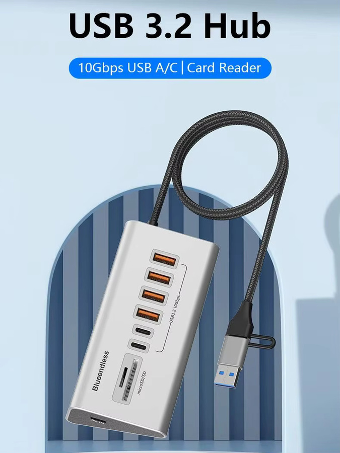 Kebidumei USB-C Dockingstation Aluminiumlegierung in Silber mit 8 bis 9 Ports und Kartenleser, USB 3.2 Hub mit 10 Gbit/s für PC und Laptop - Bild 4