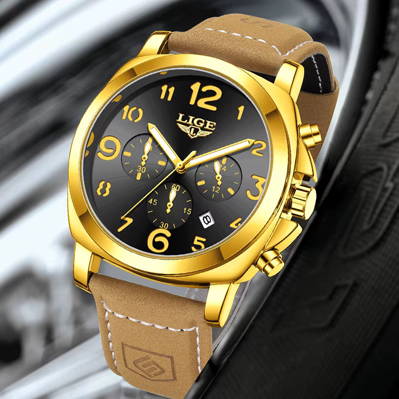 LIGE Armbanduhr, Gold, Leder, Quarz, Chronograph, Herren - Bild 4