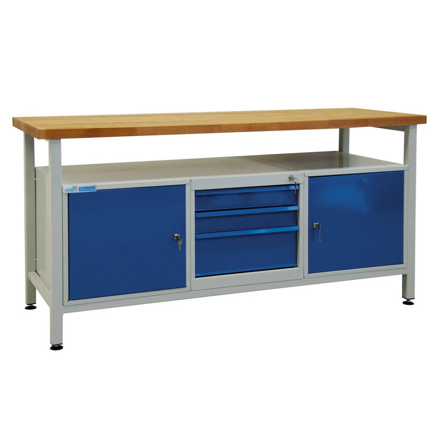 PROREGAL Werkbank Giant Rhino mit Ablagefach, 3 Schubladen und 2 Türen, H: 84 cm, B: 170 cm, T: 60 cm, Traglast 500 kg, Lichtgrau und Lichtblau - Bild 2