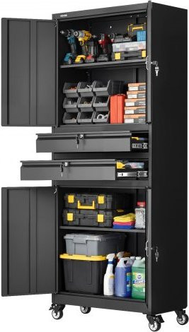 VEVOR Metall Aufbewahrungsschrank Schwarz mit 4 Türen, 2 Schubladen und Rollen für Garage und Werkstatt, Höhe: 190,5 cm - Bild 1