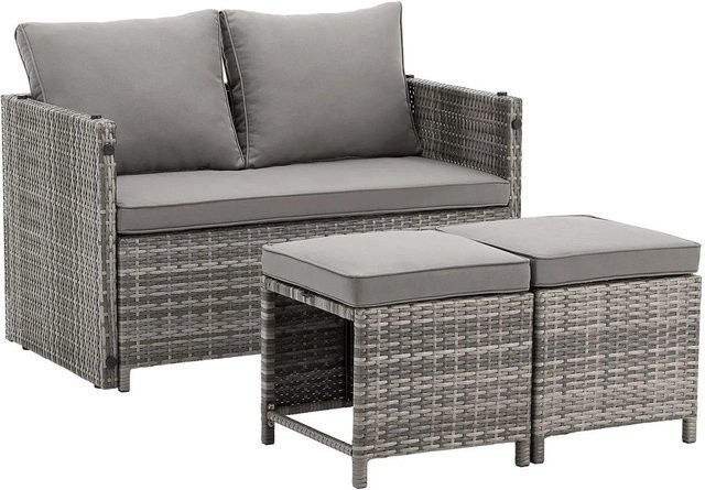 Juskys 2in1 Polyrattan Relax Gartenmöbel Set Jamaika in Grau Meliert mit Tisch, Bank, Hockern und Polstern - Bild 2