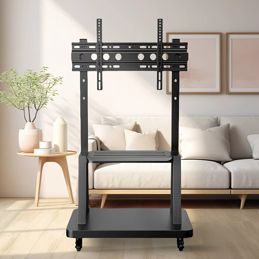 BEISHI Höhenverstellbarer mobiler TV-Ständer in Schwarz, rollender TV-Wagen für 32-65-Zoll-Fernseher mit Stahlablage und Lochplattform - Bild 2