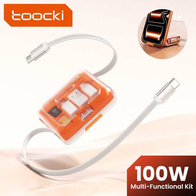 Toocki PD100W Einziehbares Schnellladekabel-Set mit integriertem Telefonständer und Multi-Adapter für iPhone 16 15 Samsung S23 Xiaomi - Bild 1