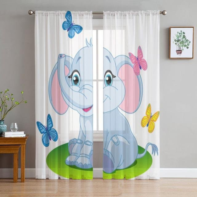 A Family Of Home Textiles Tüllvorhang mit Baby-Elefant-Motiv für Kinderzimmer und Küche, Weiß, B: 135 cm, H: 114 cm - Bild 1