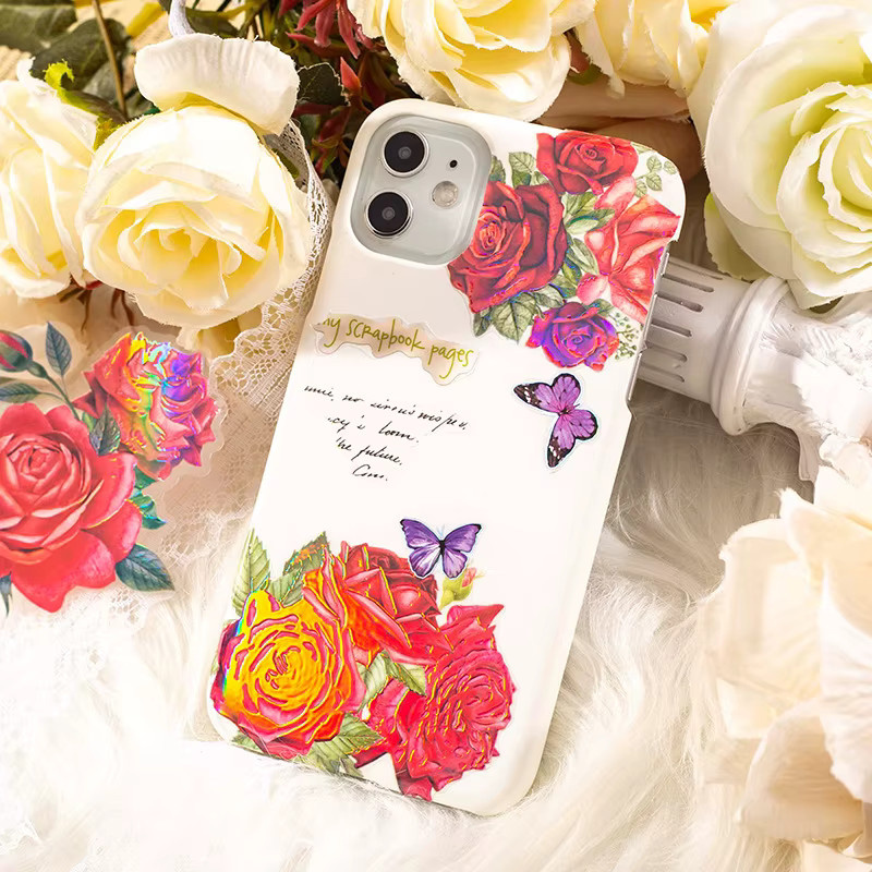 5-teiliges Set holografische Retro-Goldfolien-Rosen-Aufkleber in Gold mit laserschimmernden Blüten, selbstklebend - Bild 2