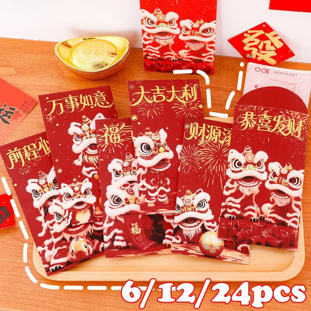 Rote Umschläge für das Chinesische Neujahr mit Glückslöwen-Design im Jahr des Pferdes, 24 Stück - Bild 1