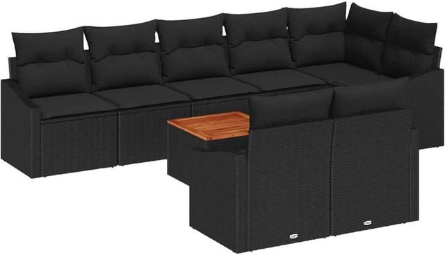 vidaXL Garten-Sofa-Set aus Poly-Rattan in Schwarz, 9-teiliges U-Shape Lounge-Set mit Kissen und Gartentisch aus Akazienholz - Bild 1