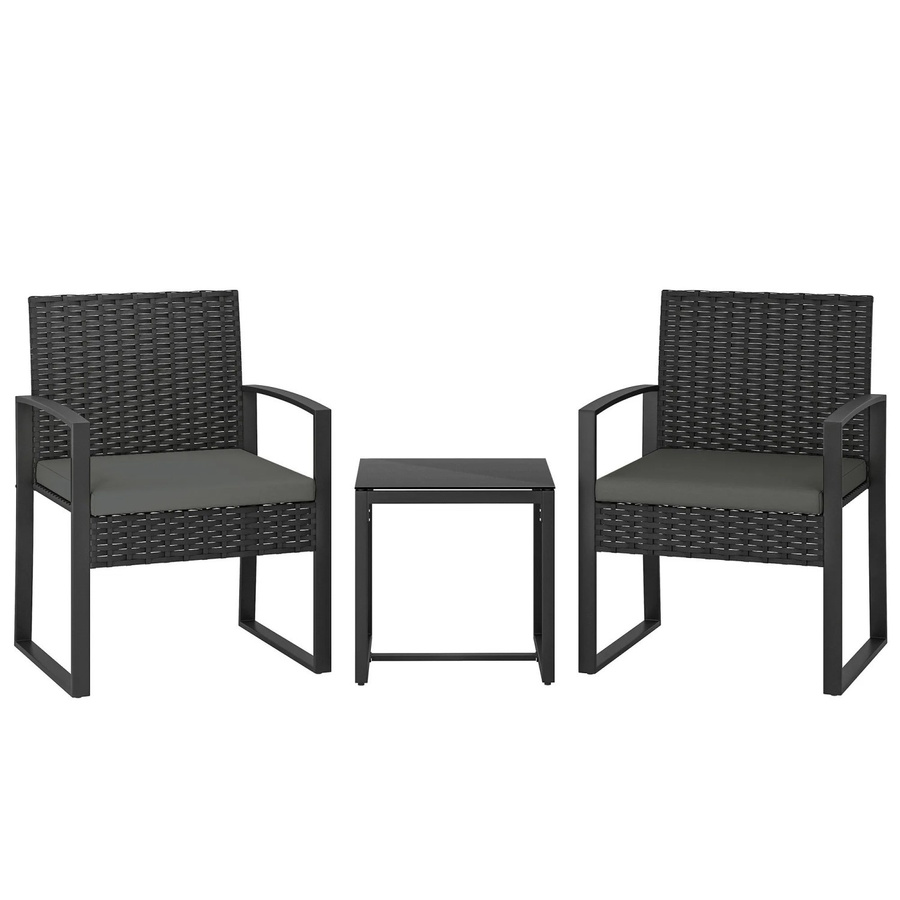 Furnicato Rattan Bistroset 3-teiliges Gartenmöbel-Set aus PE-Rattan mit 2 Stühlen und Couchtisch mit Glasplatte und abnehmbaren Kissen, Dunkelgrau, B/T/H: 120 x 58 x 76 cm - Bild 2