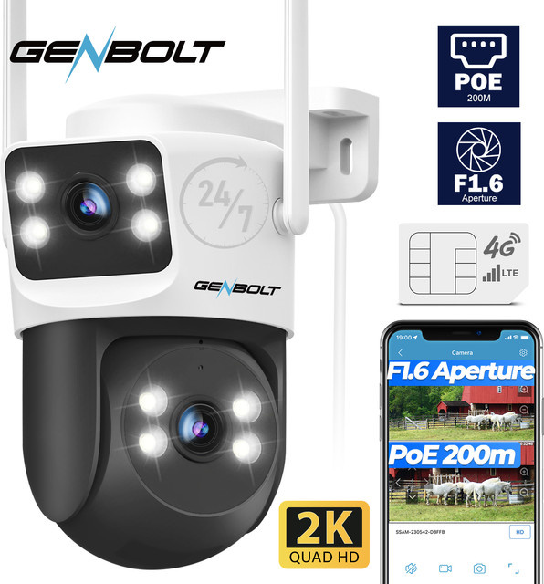 GENBOLT 3G/4G LTE Außenüberwachungskamera mit Dual-Linse, SIM-Karten-Slot, PoE-Anschluss und automatischer Tracking-Funktion, Weiß - Bild 1
