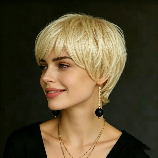 OYM HAIR Pixie-Cut-Perücke aus Echthaar, Champagnerfarben, Damen - Bild 1