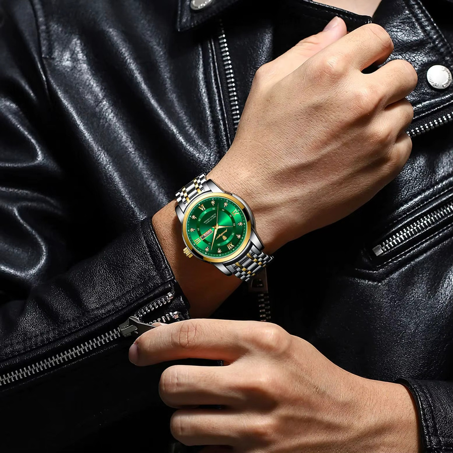 POEDAGAR Armbanduhr Edelstahl, Quarz, Silber, Grün, Herren - Bild 6