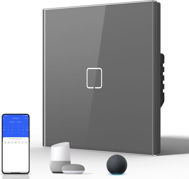 BSEED E-Serie WLAN Touch-Schalter mit grauer Glasoberfläche für Tuya Smart Life und Alexa App-Steuerung, 1/2/3-Wege Wandschalter mit Hintergrundbeleuchtung, 10A - Bild 1