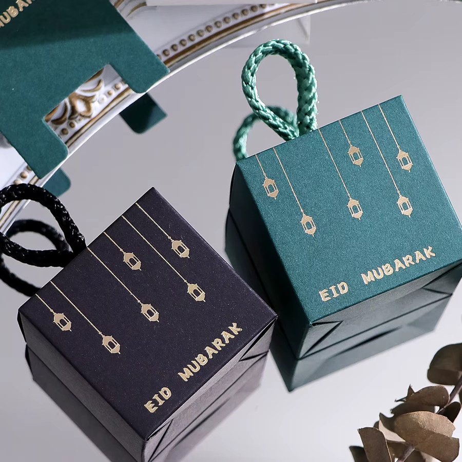 20-teiliges Luxus-Mini-Geschenkbox-Set für Eid in Schwarz, Grün und Weiß mit goldenem Laternen-Design und geflochtenen Griffen aus Papier - Bild 3