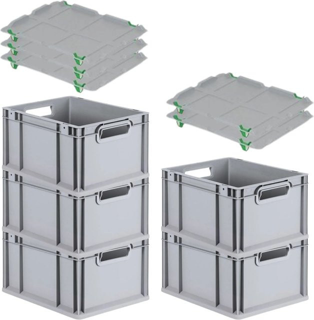 PROREGAL SparSet 5x Eurobox NextGen Grip mit Auflagedeckel und 4 grünen Schiebeschnappverschlüssen, Grau, H x B x T: 22 x 30 x 40 cm - Bild 1