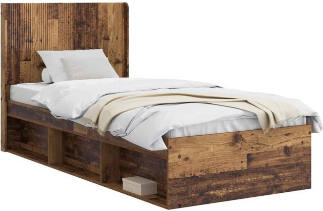 vidaXL Bettgestell mit Kopfteil und Stauraum in Altholz-Optik, Farbe: Braun, B/T/H: 100 x 200 x 105 cm - Bild 1