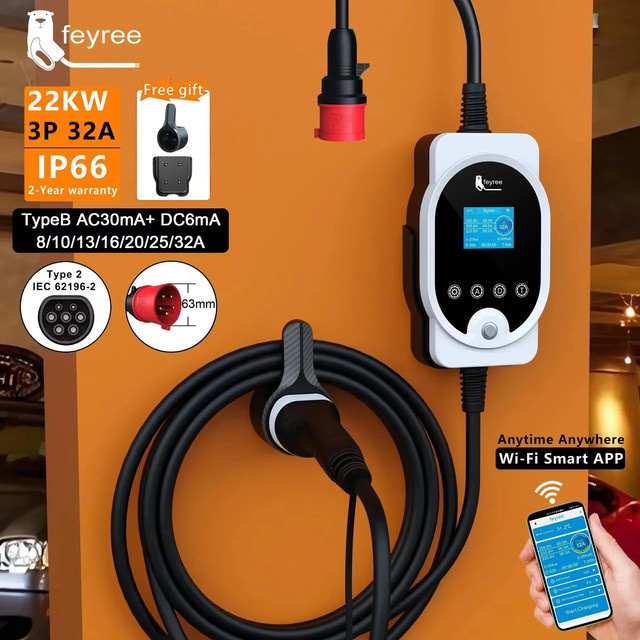 Feyree Tragbares EV Ladegerät 22KW 32A 3-Phasen Typ2 mit Wi-Fi und App Steuerung, Mobile Smart Ladestation für Elektrofahrzeuge, Weiß - Bild 1