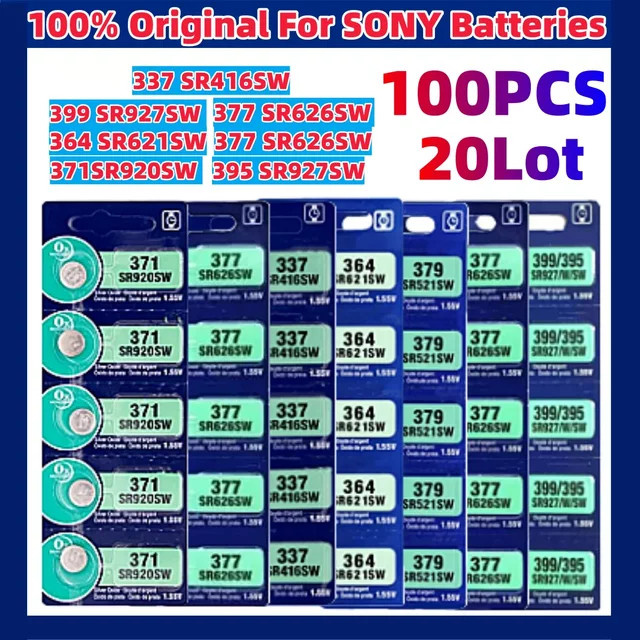 EAEONXE Sony Knopfzellen Set Silber, 100 Stück, verschiedene Typen wie SR416SW, SR621SW, SR920SW, SR626SW, SR521SW, SR377, SR371, SR379, SR395, SR399, SR927SW - Bild 1