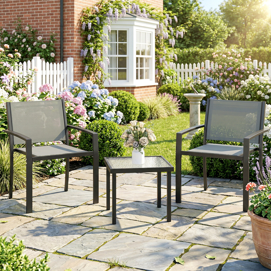 Outsunny 3-teiliges Gartenmöbel-Set für Terrasse und Balkon mit Tisch aus gehärtetem Glas und 2 Textilene-Stühlen in Hellgrau - Bild 2