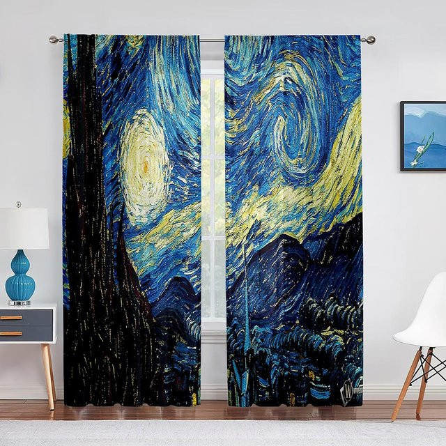 Yiran Furniture Sternennacht Voile-Vorhang mit Van-Gogh Sterne-Kunst, dekorativer Chiffon-Tüllvorhang in Blau, B: 100 cm, H: 130 cm - Bild 1