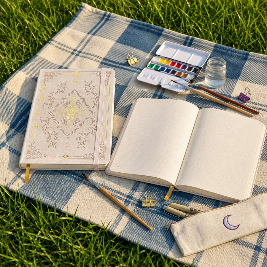 A5 Punktraster-Notizbuch mit Blumenmuster und Goldfolie, Hardcover aus PU-Leder in Beige, 160g/m² Papier, nummerierte Seiten mit Gummiband - Bild 3