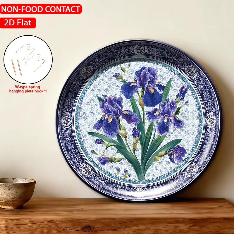 FORJN Keramik-Dekorplatte mit blauem Iris-Blumenmuster, runde Wandplatte, Durchmesser: 20 cm - Bild 3