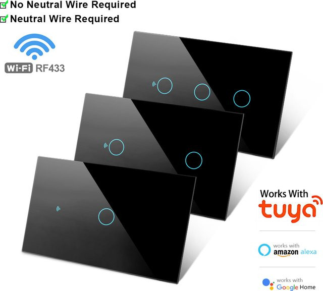 Szaoju Smart WLAN Wandschalter Weiß mit Touch-Sensor aus Glas, RF433 Tuya Smart Life App kompatibel, LED-Lichtschalter ohne Neutralleiter für Alexa und Google Home - Bild 1