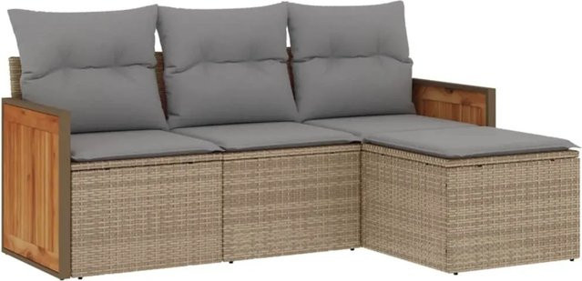 vidaXL 4-tlg Garten-Sofagarnitur L-Form aus Poly Rattan in Beige mit Kissen und Ottoman - Bild 1