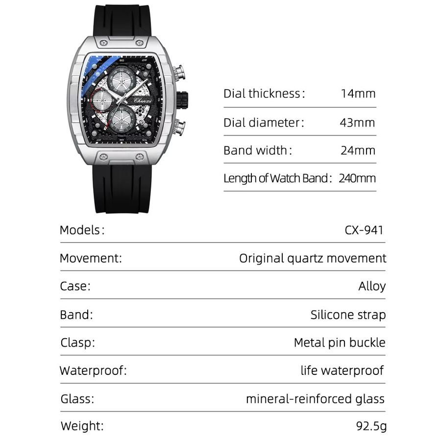 CHENXI Armbanduhr Tonneau, Chronograph, Quarz, Edelstahl, Silikon, Herren - Bild 5