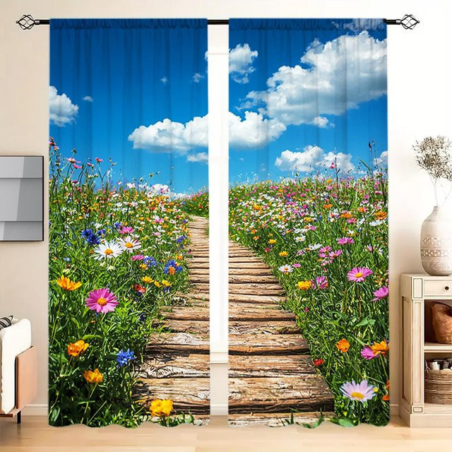 2er-Set Vorhang mit ländlichem Landschaftsmotiv in Blau, halbtransparent, Breite: 52,5 cm, Höhe: 116 cm - Bild 1