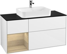 V&B Finion Waschtischunterschrank in Weiß glänzend mit LED-Beleuchtung und offenen Regalfächern, Breite: 120 cm - Bild 1