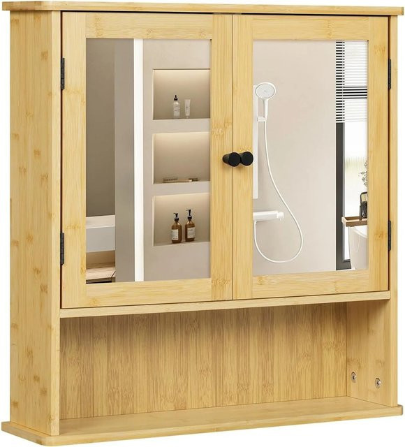 EUGAD Spiegelschrank aus Bambus in Braun mit Glastüren und Regalen für dein Badezimmer, B/T/H: 58,3 x 14,0 x 56,0 cm - Bild 1