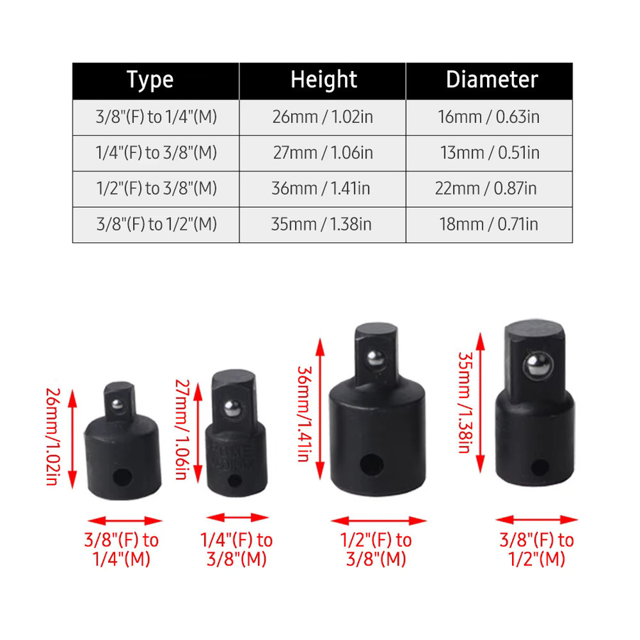 4er-Set Schlagschrauber Adapter Reduzierstück aus Stahl in Schwarz mit 1/4 Zoll, 3/8 Zoll und 1/2 Zoll für Bohrmaschinen und Schlagschrauber - Bild 5