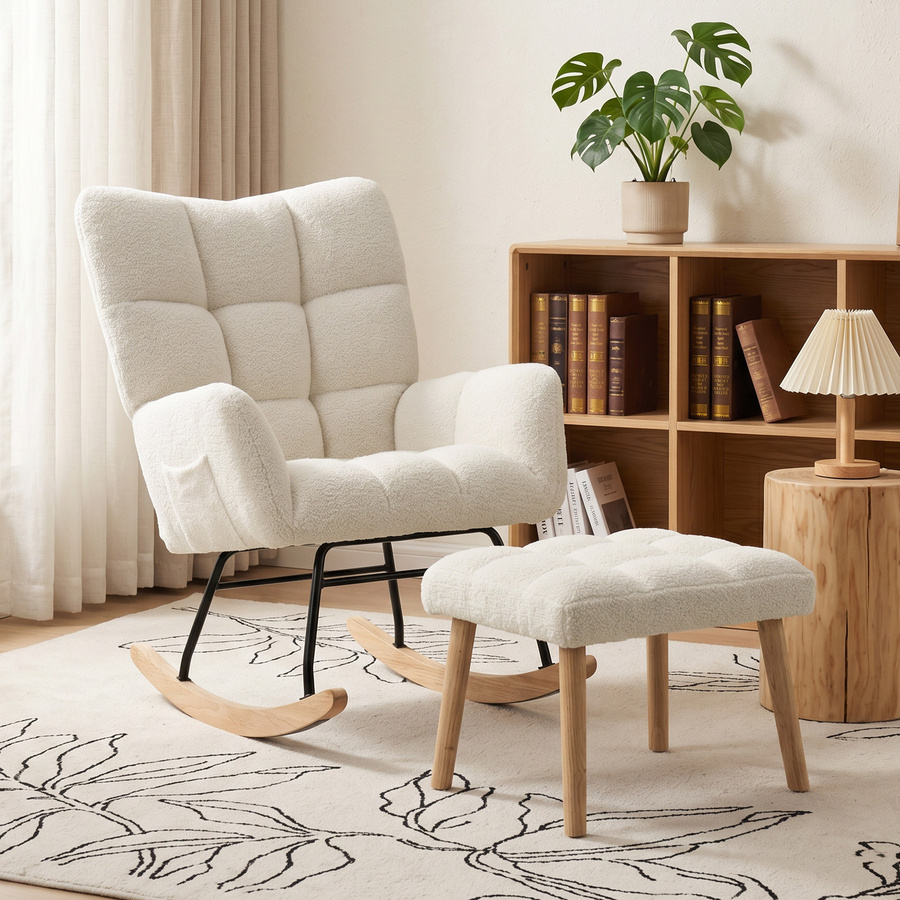 HOMCOM Schaukelstuhl mit Fußhocker in Creme, gepolsterter Sherpa-Sessel mit hohem Rücken, Seitentaschen und Stahl-Holzgestell - Bild 2