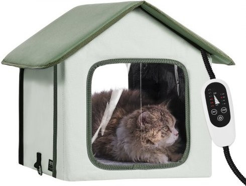 VEVOR Beheizbare Katzenhütte für draußen, wetterfester Katzenunterschlupf aus 600D Oxford-Gewebe mit erhöhtem Boden, Grün, B/T/H: 35 x 34 x 40 cm - Bild 1