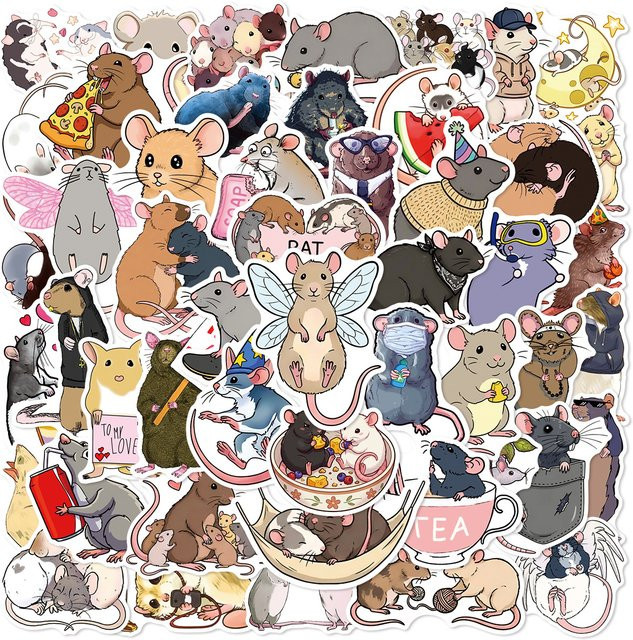 50 oder 100 Stück Cartoon Ratten Aufkleber in Mehrfarbig für Schule, DIY-Projekte und Dekoration von Notizbüchern oder Koffer, wasserfeste Papieraufkleber - Bild 1