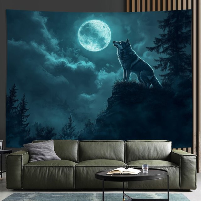 VIKAMA Wandteppich Wolf und Mond in modernem skandinavischem Design, Blau, B: 60 cm, H: 60 cm - Bild 1