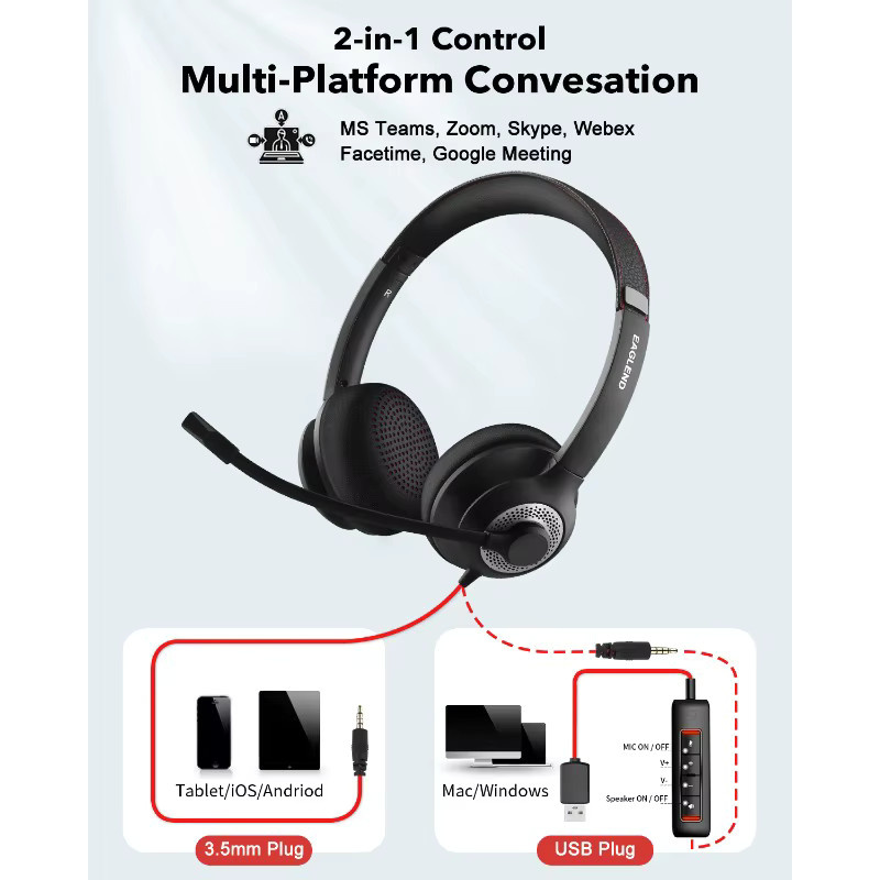 JIAMQISHI USB-Headset mit Geräuschunterdrückendem Mikrofon und Inline-Steuerung in Schwarz für PC, Homeoffice und Online-Kurse - Bild 4