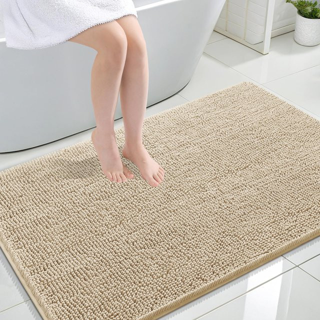 Olanly Chenille Badezimmerteppich mit rutschfestem Gummiboden, superweich und saugfähig, waschbar, Grau und Beige - Bild 1