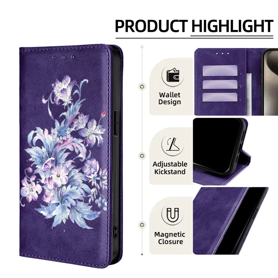 Magnetische Leder Flip Case Wallet Cover mit Blumenmuster für Samsung Galaxy S25 Ultra S25 FE S24 S23 S22 Plus A17 A07 A56 A36 A26 in Braun und Lila - Bild 2