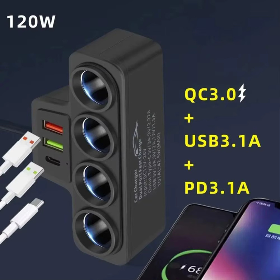 120W Auto Zigarettenanzünder Adapter mit 4 Steckplätzen, USB QC3.0 und PD3.1 Anschlüssen, Schwarz, 12V/24V kompatibel - Bild 3