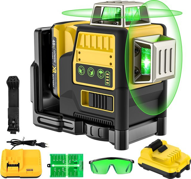 DWiusty Grüner Laser-Nivellierer mit 12 Linien und 360 Grad Kreuzlicht, Wiederaufladbare Lithium-Batterie, Outdoor-Nivelliergerät für horizontales und vertikales Arbeiten - Bild 1