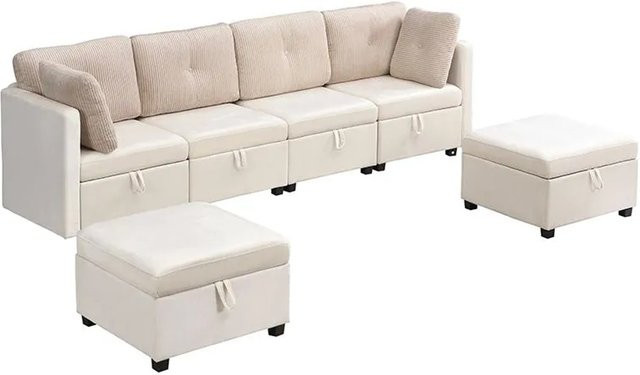 Merax U-Sofa mit 6 Modulen in Beige im Samt-Cord-Design mit passendem Ottoman und Stauraum - Bild 1
