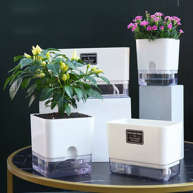 Selbstbewässernder Blumentopf aus Kunststoff mit Baumwollschnur für Zimmerpflanzen, Weiß - Bild 1