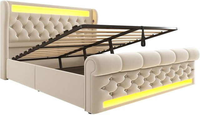 Merax Polsterbett mit LED-Unterbettbeleuchtung und USB-C Ladestation, Beige, B/T/H: 140 x 200 x 110 cm - Bild 1