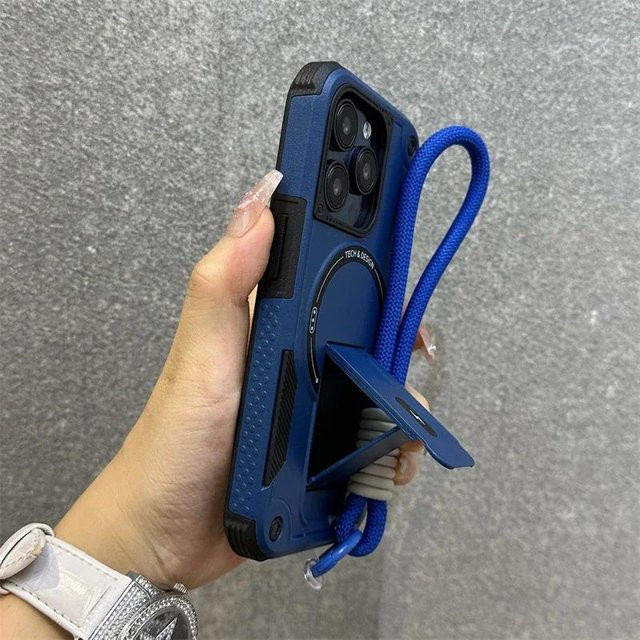 ESUFEIDA Schutzhülle für iPhone mit Handgelenkband und Halter, MagSafe kompatibel, Anti-Fall Abdeckung, Farbe: Blau - Bild 1