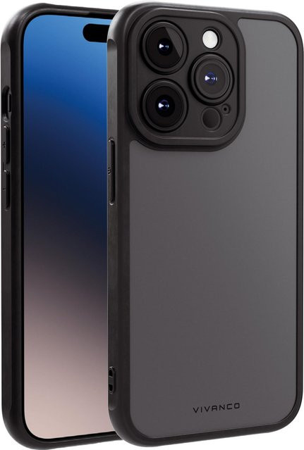 Vivanco Frosted Cover Handyhülle für iPhone 15 Pro mit integriertem Kameraschutzrahmen, semi-transparent Schwarz - Bild 1