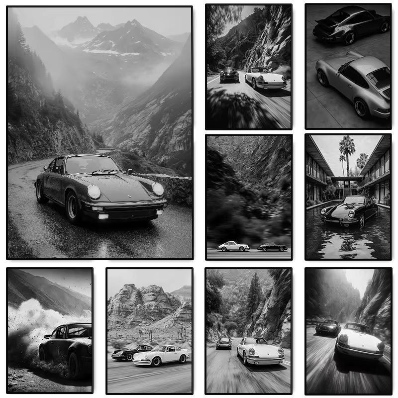 Vintage-Leinwandposter von Rastar mit Automobil-Rennfotografie in Schwarz-Weiß, rahmenloses Wandbild im Querformat - Bild 5