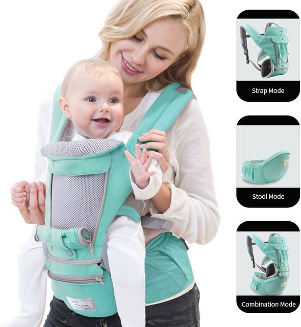 Ergonomische Babytrage Ring Sling für 0-36 Monate mit Hüftsitz und Känguru-Funktion in Grün und Türkis - Bild 1