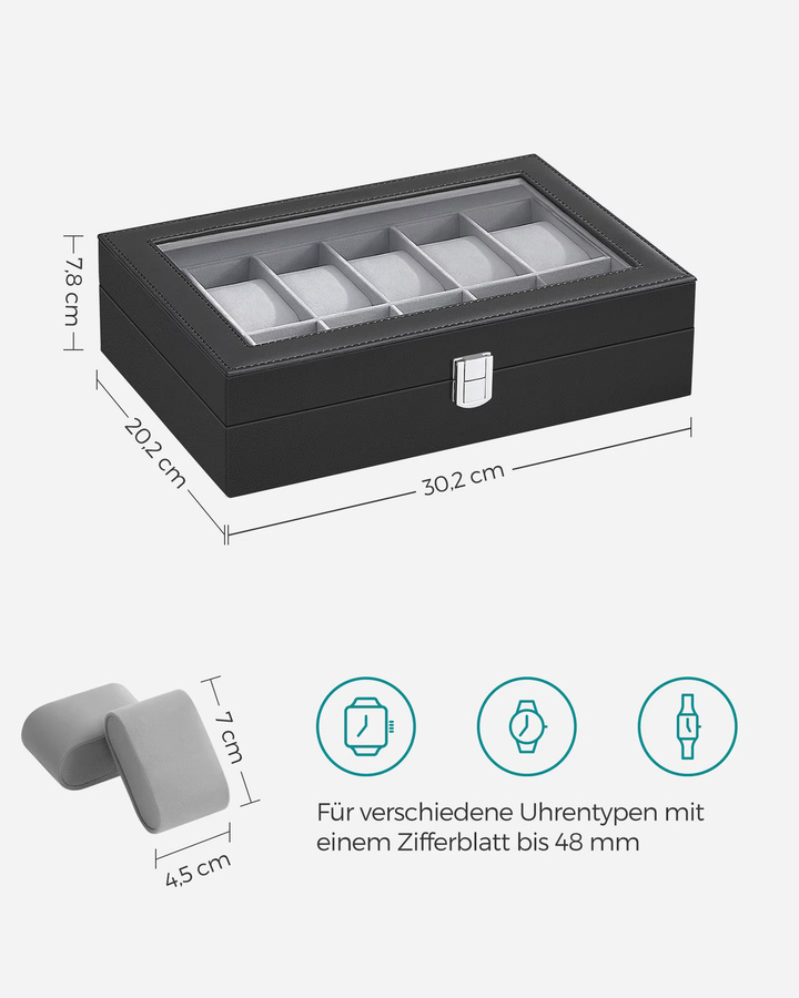Songmics Uhrenbox Bridie mit 12 Fächern und Glasdeckel in Schwarz - Bild 4